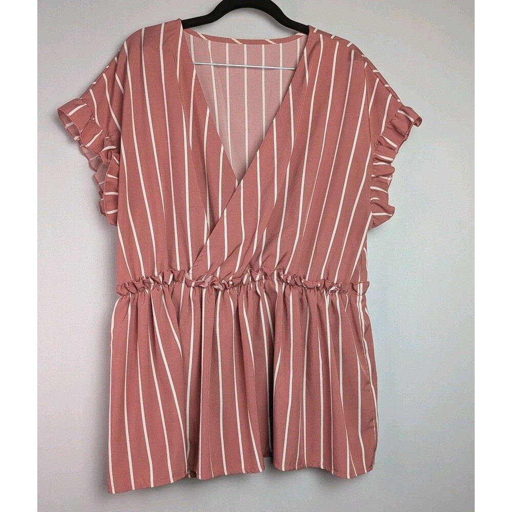 SHEIN Curve Shirt Sz 2XL Pink White Stripe Fluttered Sleeves Babydoll  V Neck